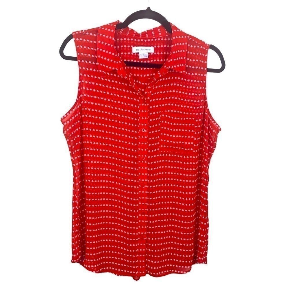 Liz Claiborne red sleeveless collar shirt w stars